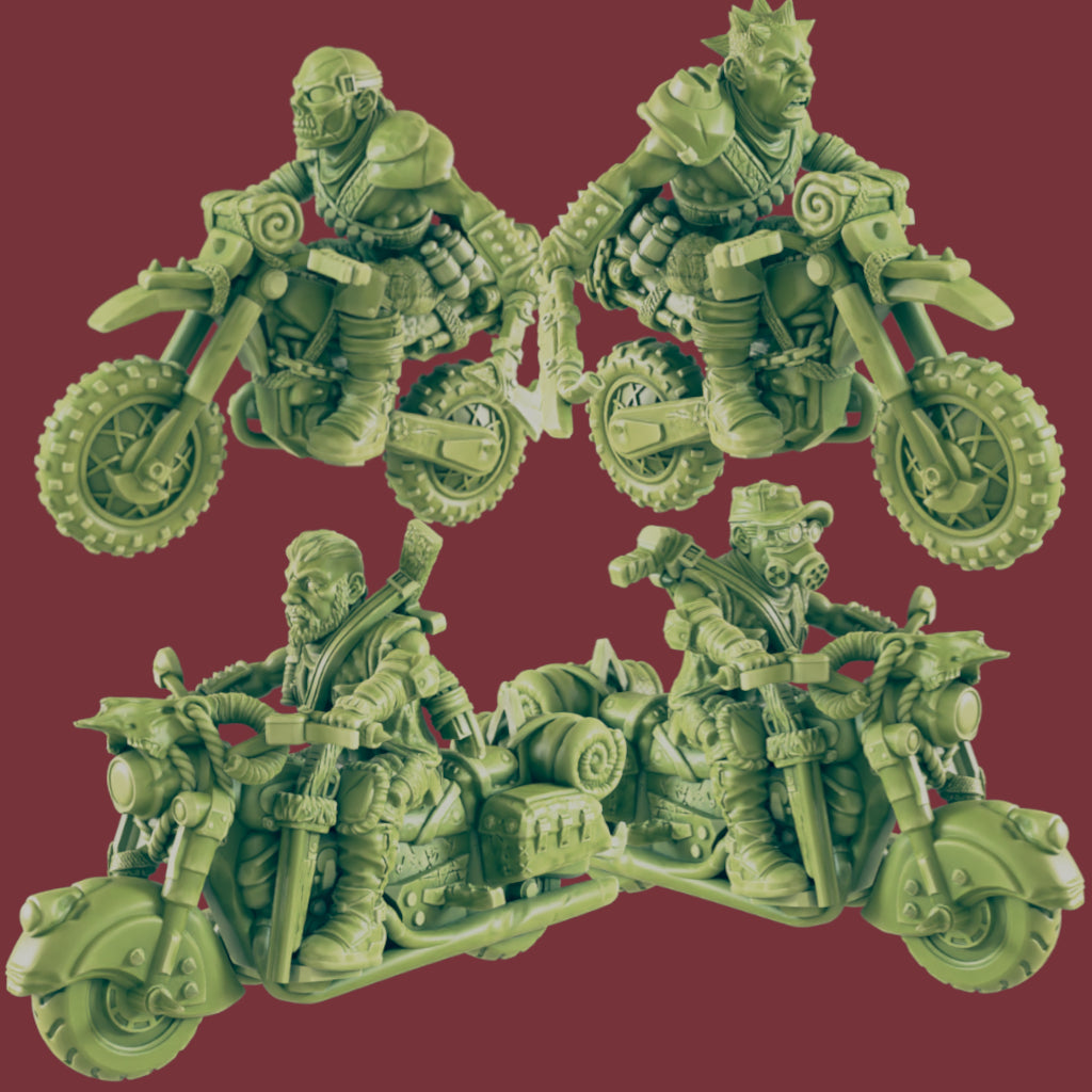 Wasteland Bikers | Biker Gang | Post Apocalypse Bad Guy Miniature Figure | Wasteland Warfare Cyber Punk Dystopian Future | 32mm Scale Model