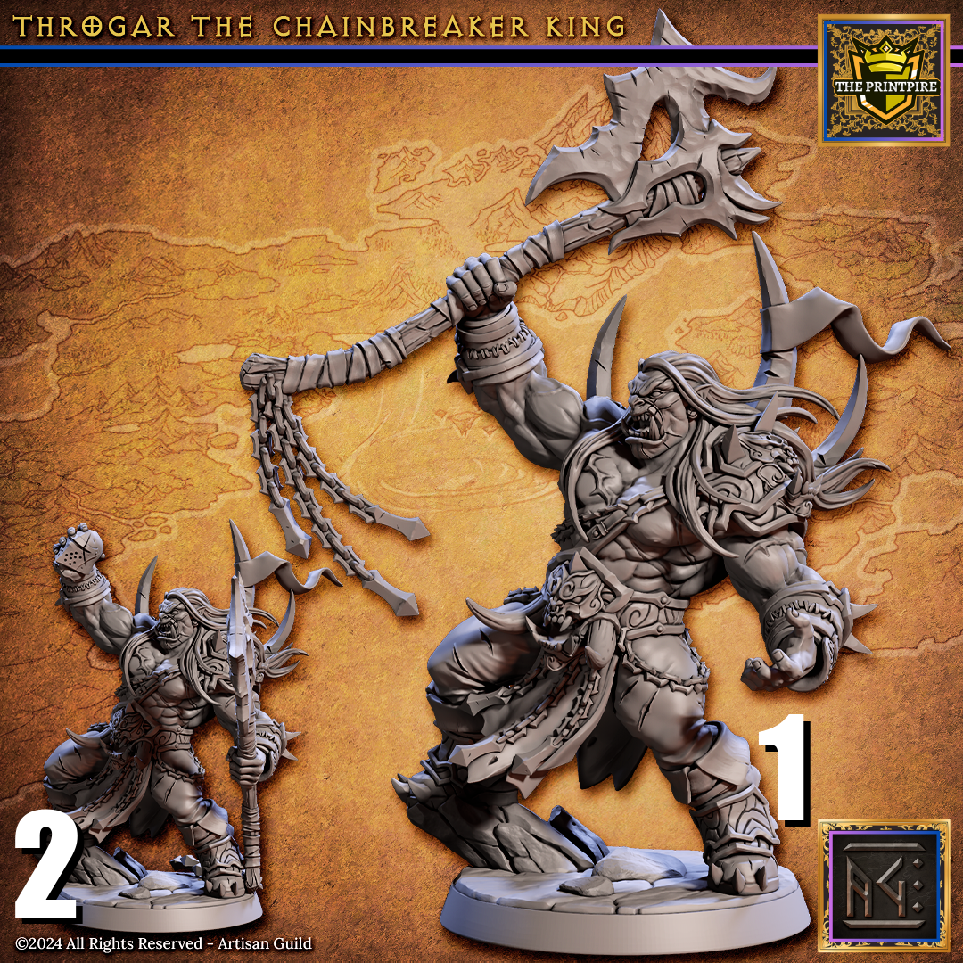 Throgar the Chainbreaker King, Blackcrag Orc Warrior | Fantasy Boss Enemy | Resin Mini Miniature Figure Scale Model | Dungeons & Dragons Pathfinder etc.
