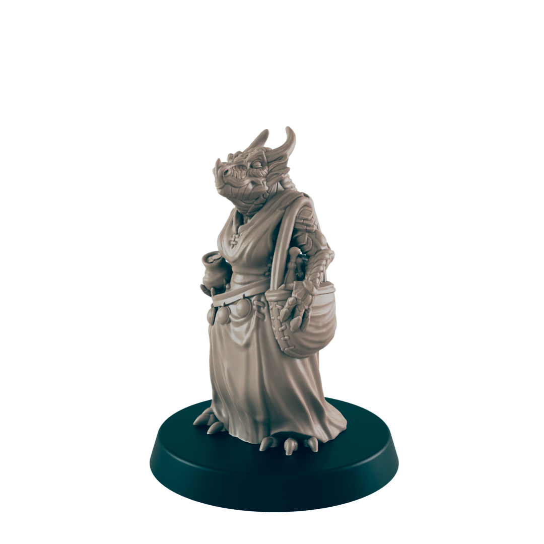Dragonborn Mini | Market Patron Shopper | Female Townsfolk NPC Figure | DnD Wargaming Mini | RPG Character | 32mm Scale Model | for Dungeons and Dragons, Pathfinder, etc.
