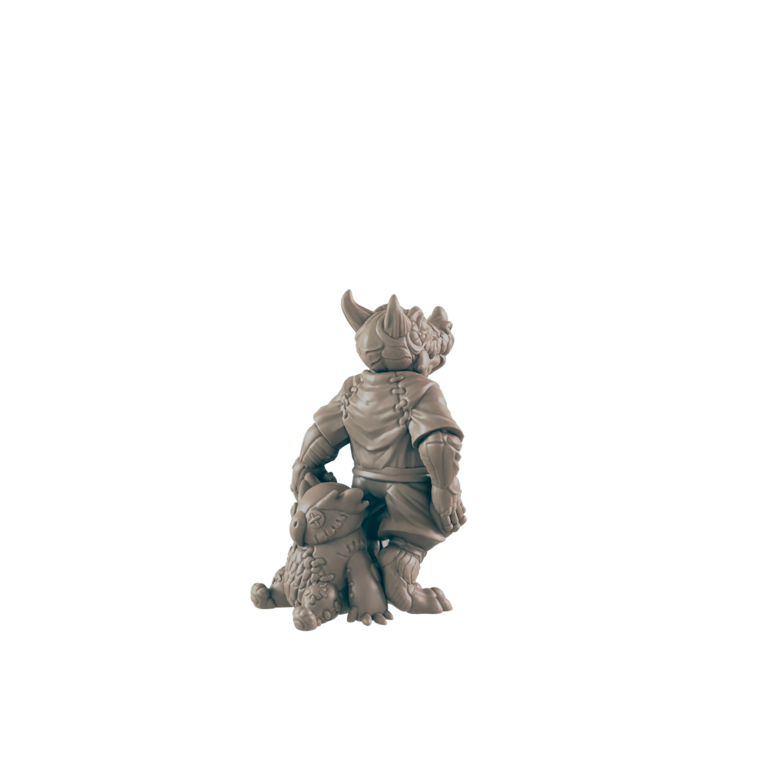Dragonborn Mini | Child w/ toy | KidTownsfolk NPC Figure | DnD Wargaming Mini | RPG Character | 32mm Scale Model | for Dungeons and Dragons, Pathfinder, etc.