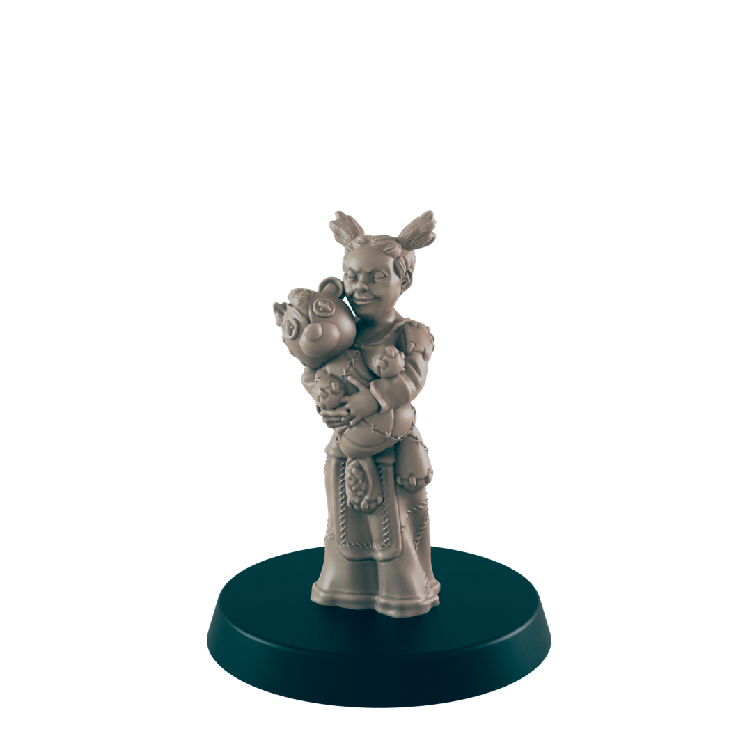 Human Mischevious Girl Mini | Child w/ Toy | Kid Female Townsfolk NPC Figure | DnD Wargaming Mini | RPG Character | 32mm Scale Model | for Dungeons and Dragons, Pathfinder, etc.