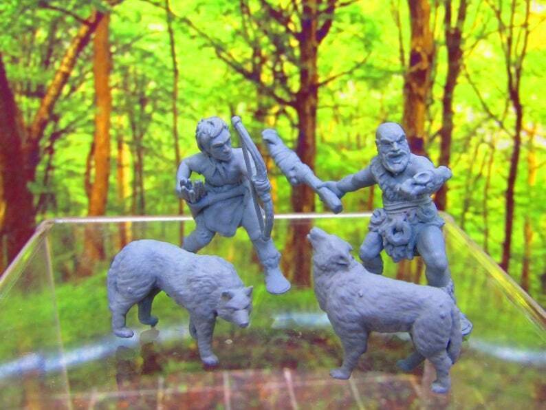 4p Prehistoric Villager Tribe Hunters & Dogs Set Mini Miniature 3D Printed
