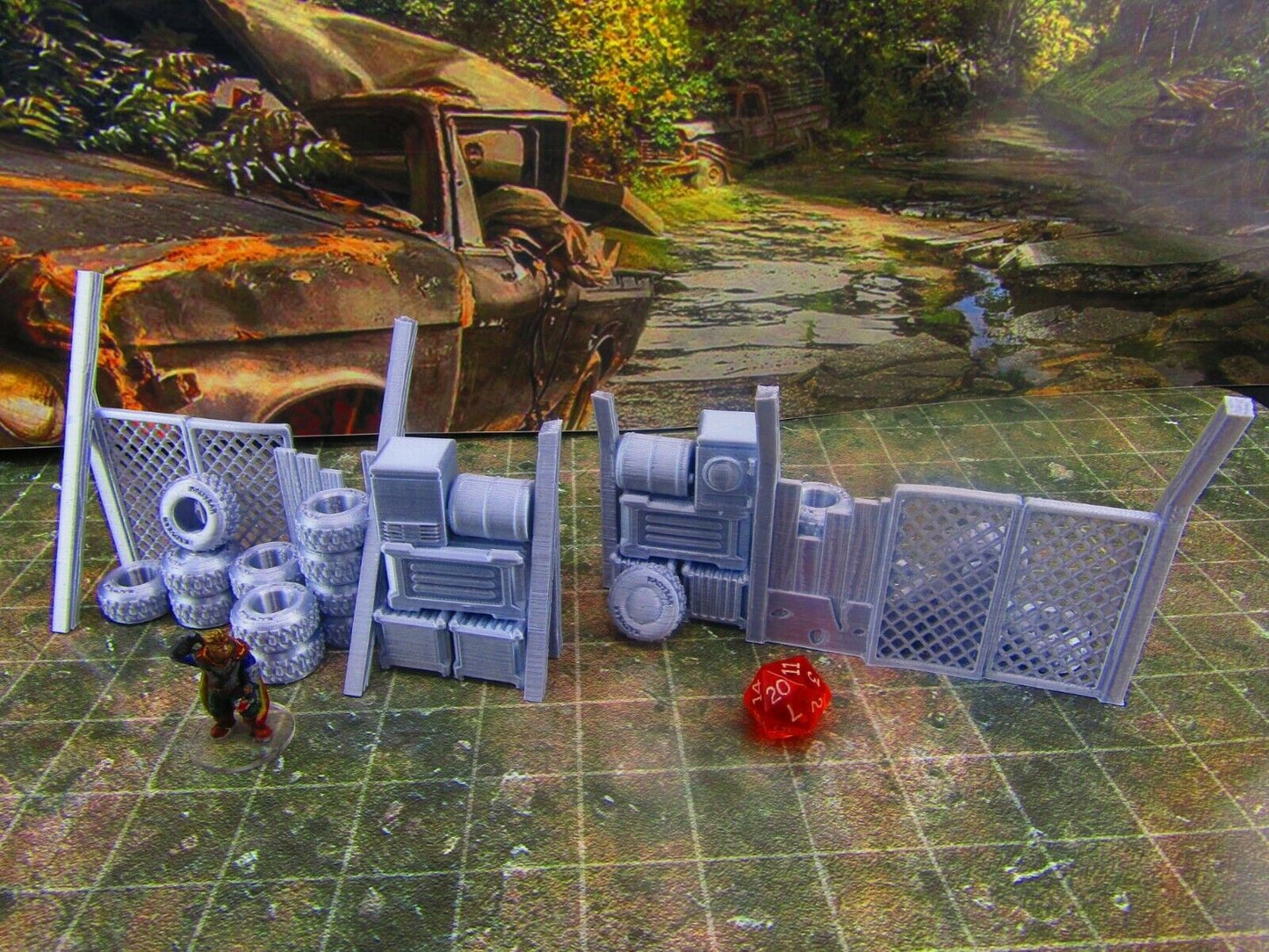 2pc Junk Wall Settlement Barricade w/ Tires E Scatter Terrain Scenery Wasteland