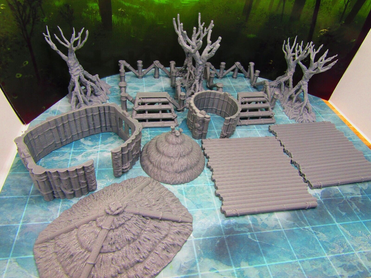 11pc Swamp / Marsh Huts and Trees Set Scatter Terrain Scenery 3D Printed Model