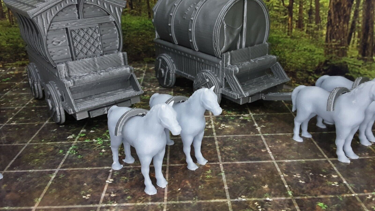 3 Wagon Caravan W/ Horses 28/32mm Scale Tabletop Scatter Terrain Tile Scenery