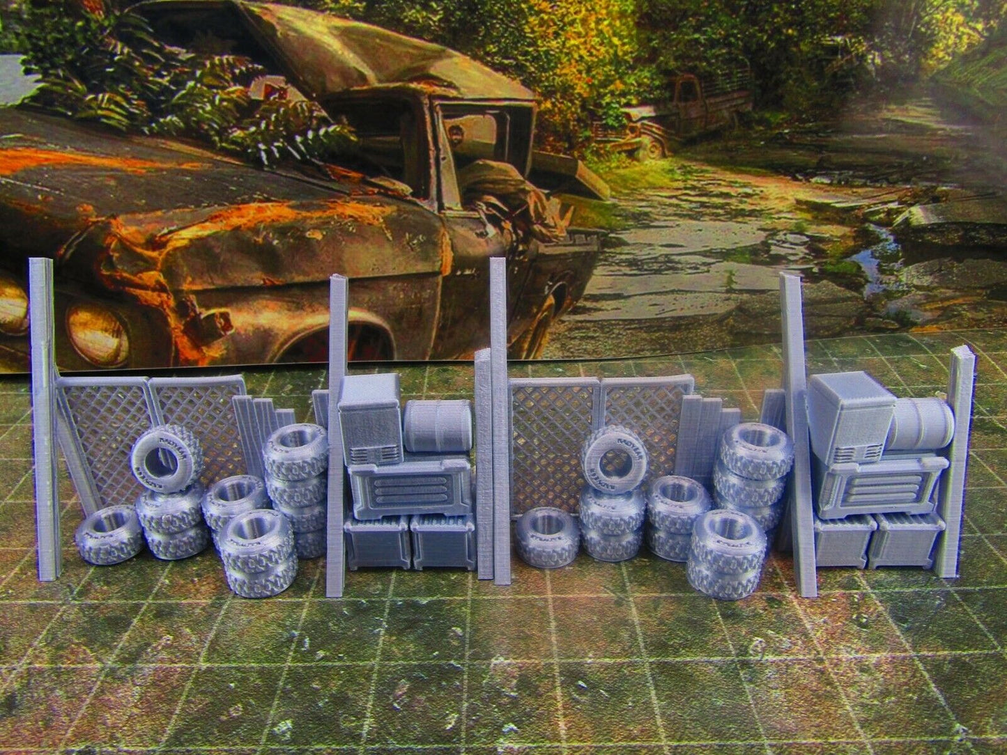 2pc Junk Wall Settlement Barricade w/ Tires E Scatter Terrain Scenery Wasteland