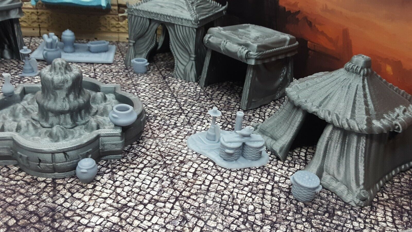 32 Piece Large Street Market Bazaar Set Scatter Terrain Tabletop Gaming Scenery