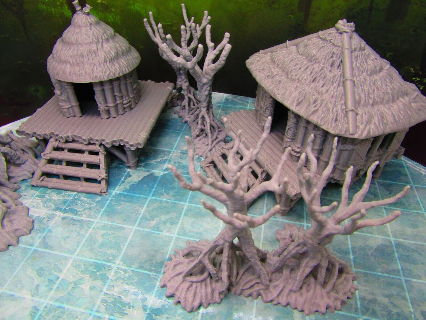 11pc Swamp / Marsh Huts and Trees Set Scatter Terrain Scenery 3D Printed Model
