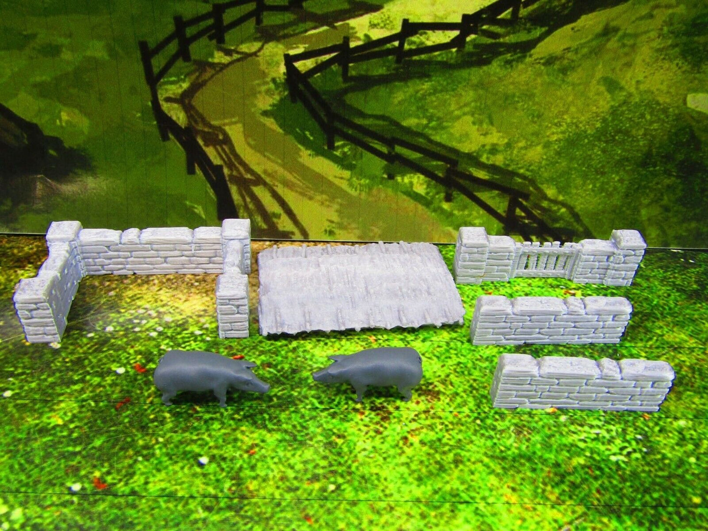 Farm Pig Pen & 2 Pigs Scatter Terrain Scenery 3D Printed Model 28/32mm Scale