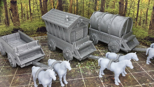 3 Wagon Caravan W/ Horses 28/32mm Scale Tabletop Scatter Terrain Tile Scenery