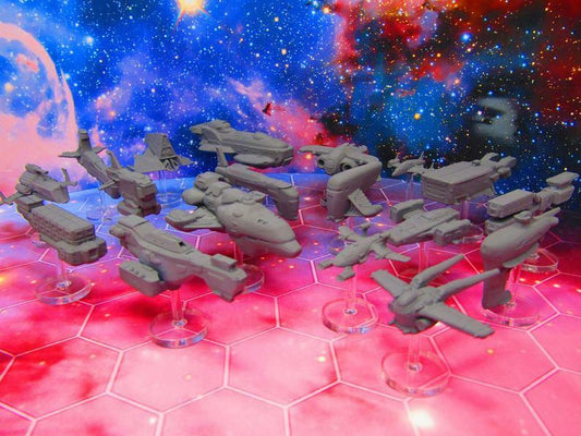 18pc Civilian Fleet and Transport Space War Gaming Set w/ Flight Stands & Rods
