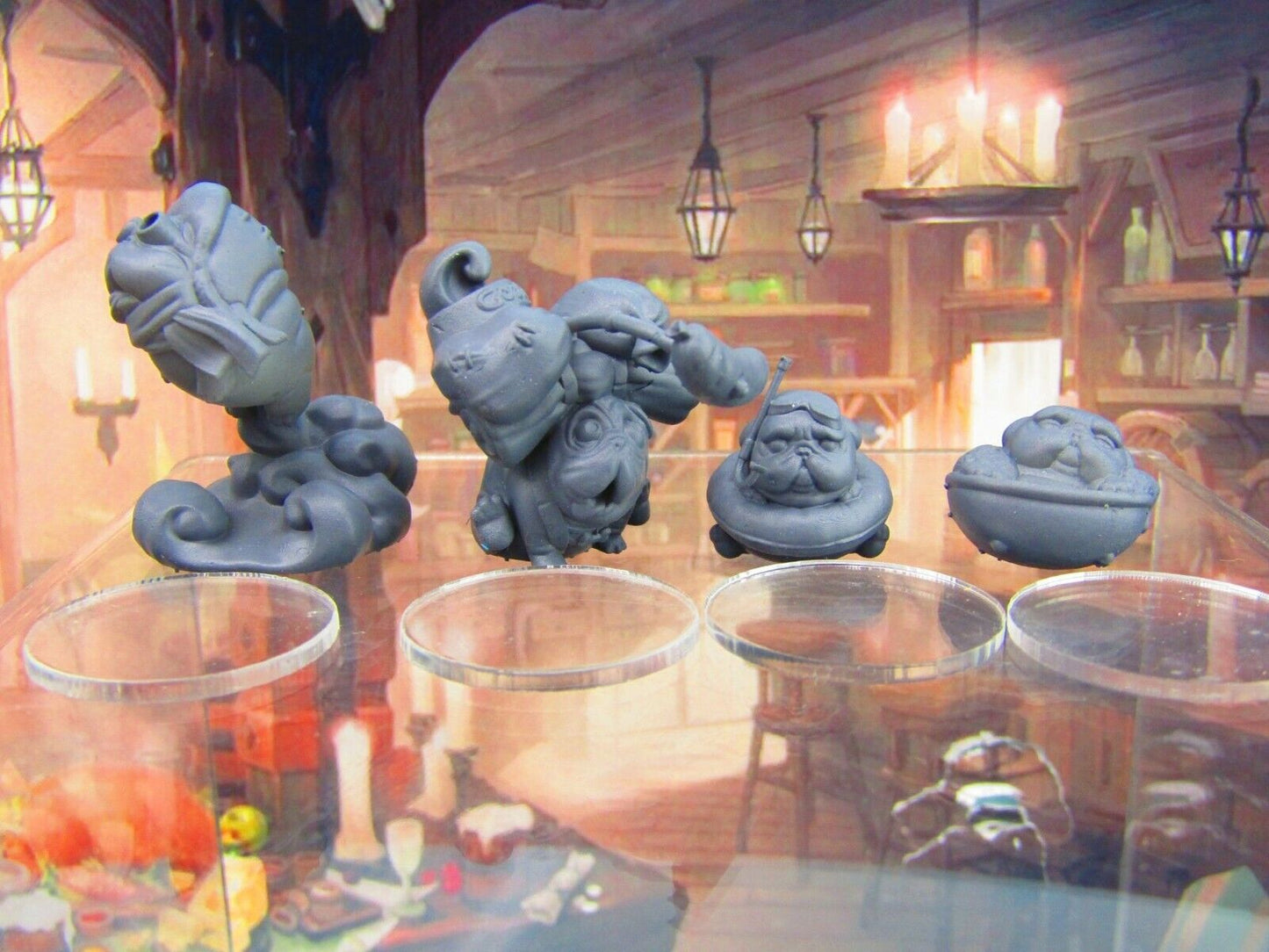 4pc Pug Dog Pack Companion Pet Familiar Set Mini Miniature Figure 3D Printed