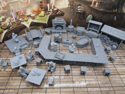 50 Piece Inn & Tavern Bar Lot W Patron Mini Figures Dungeons & Dragons Model Set