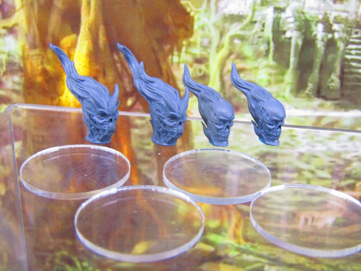 4pc Flaming Skulls Set Mini Miniatures 3D Printed Resin Model Figure 28/32mm