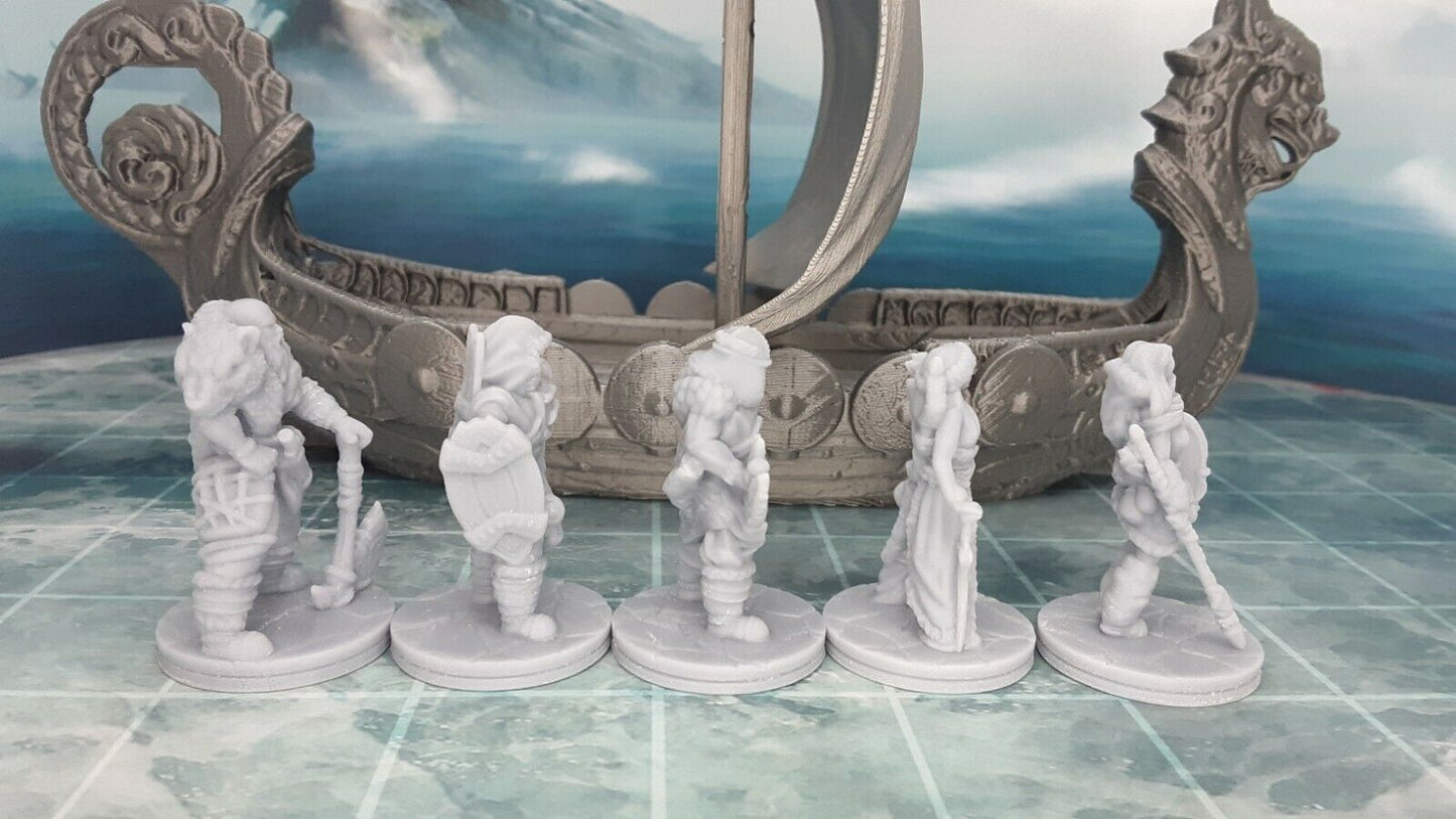 5 Viking Minis Figures and Viking Barbarian Long Ship Sail Boat Scatter Terrain