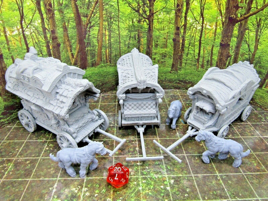 3 World Traveler Wagons Caravan and Horses Miniature Mini 3D Printed Model