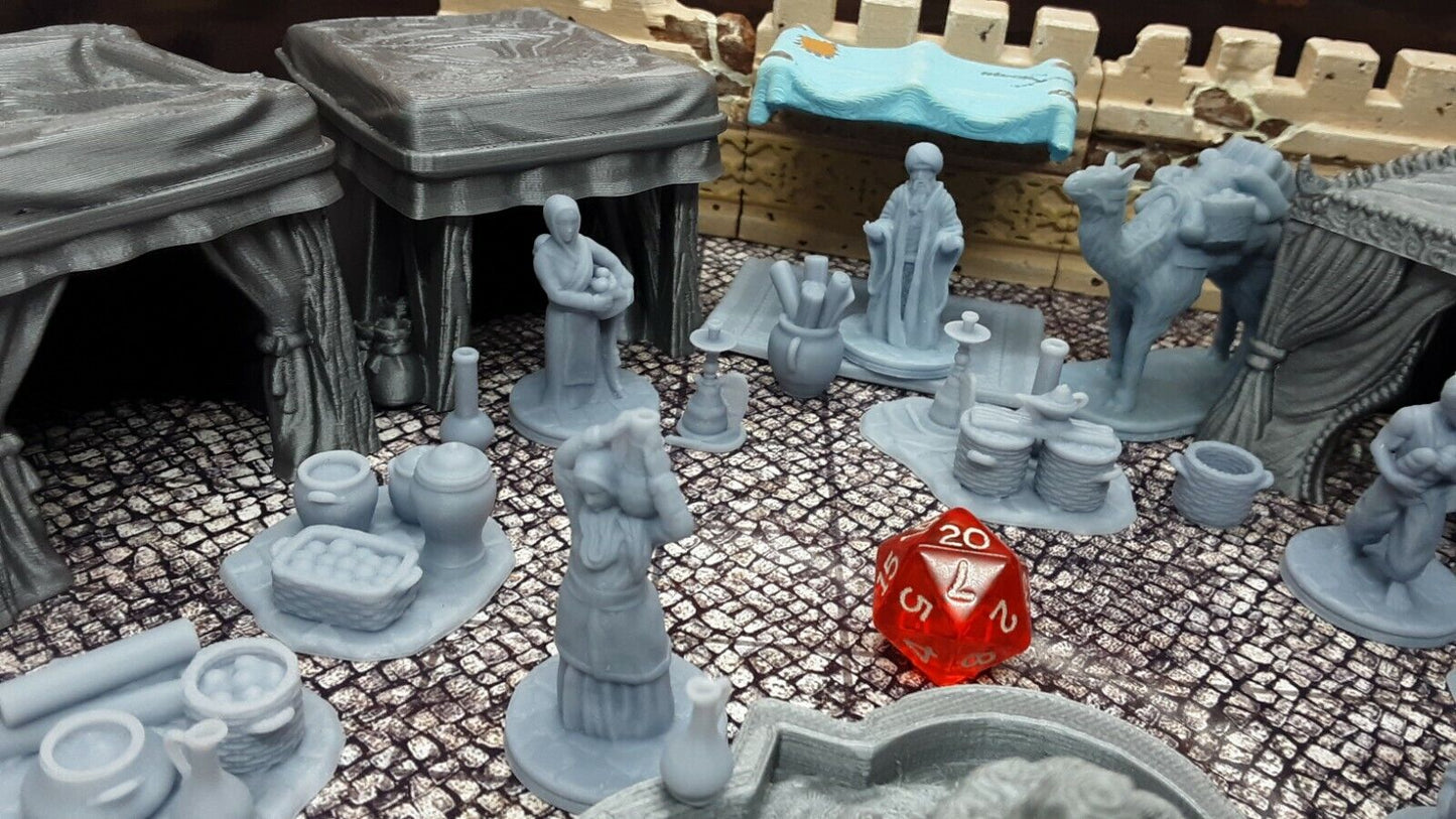 39 Piece Large Street Market Bazaar Set Scatter Terrain Tabletop Gaming Scenery