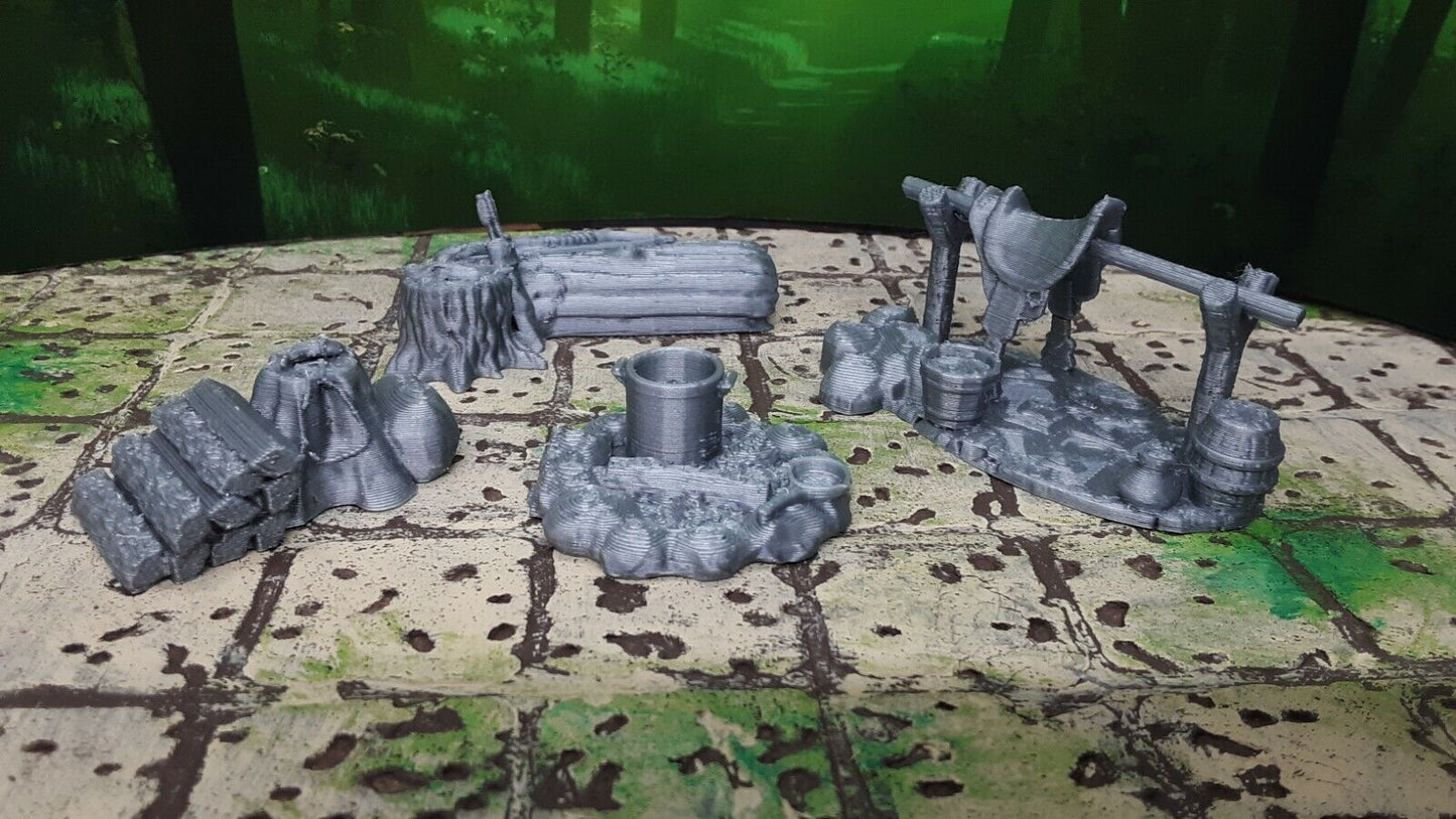 Adventurer's Camp w/ Tents, Campfire Scatter Terrain Dungeons & Dragons 28mm