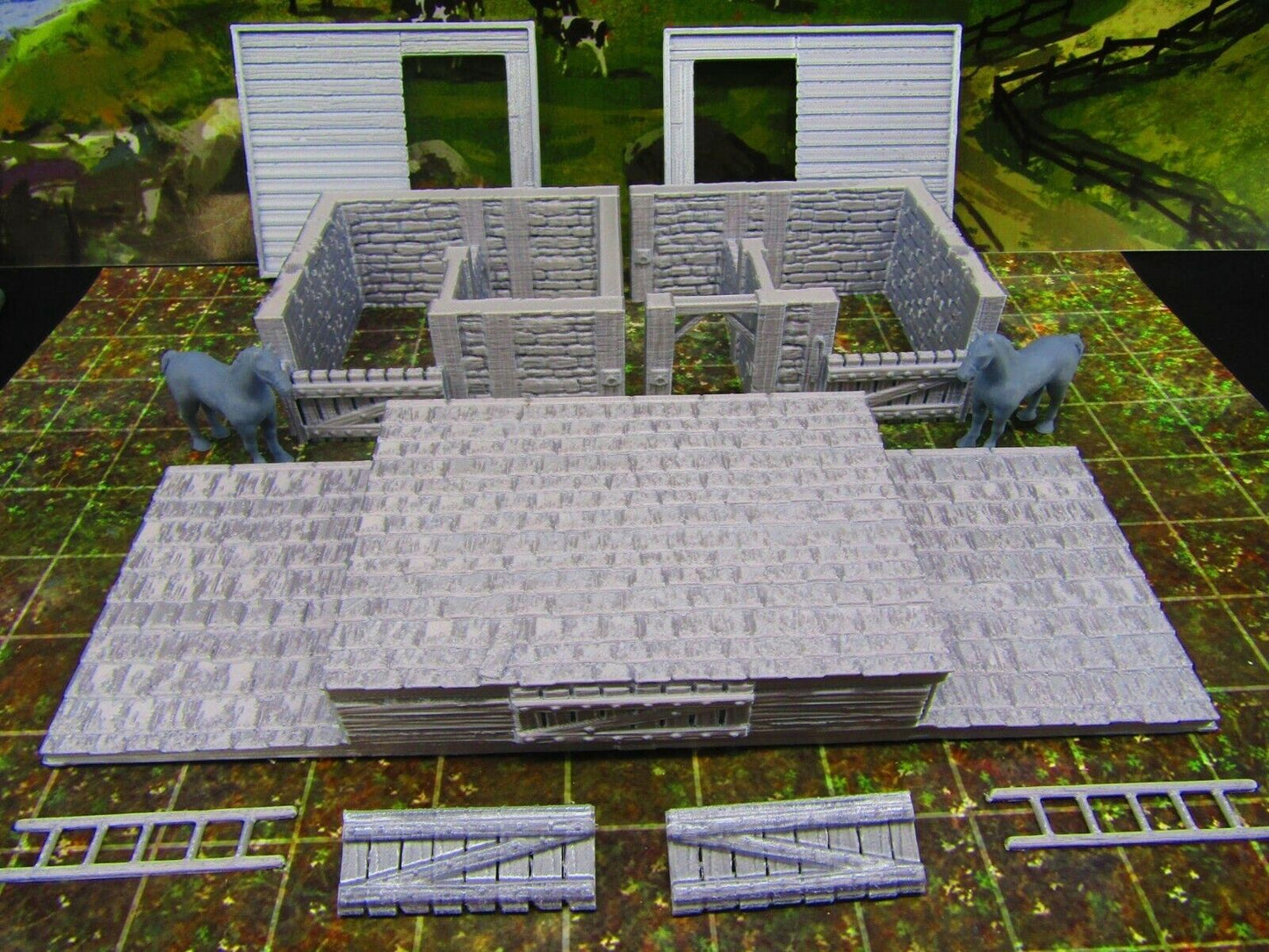 Large Stable Barn W/ Horses Set for Barnyard Farm Scatter Terrain Scenery 3D