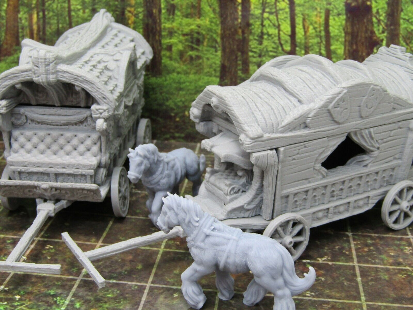 3 World Traveler Wagons Caravan and Horses Miniature Mini 3D Printed Model