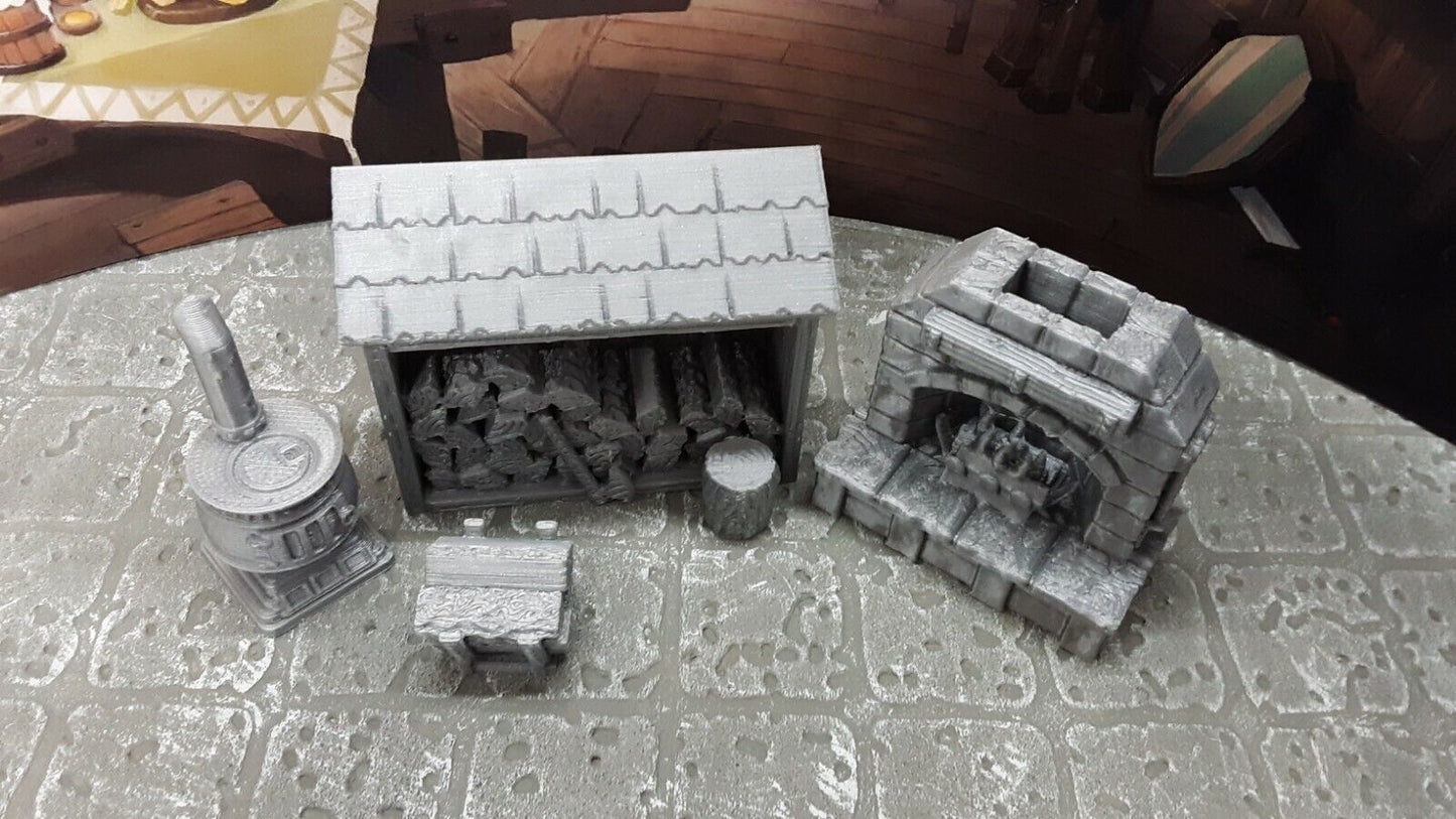 4 Piece Fireplace & Stove Set Scatter Terrain Dungeons & Dragons Mini Model