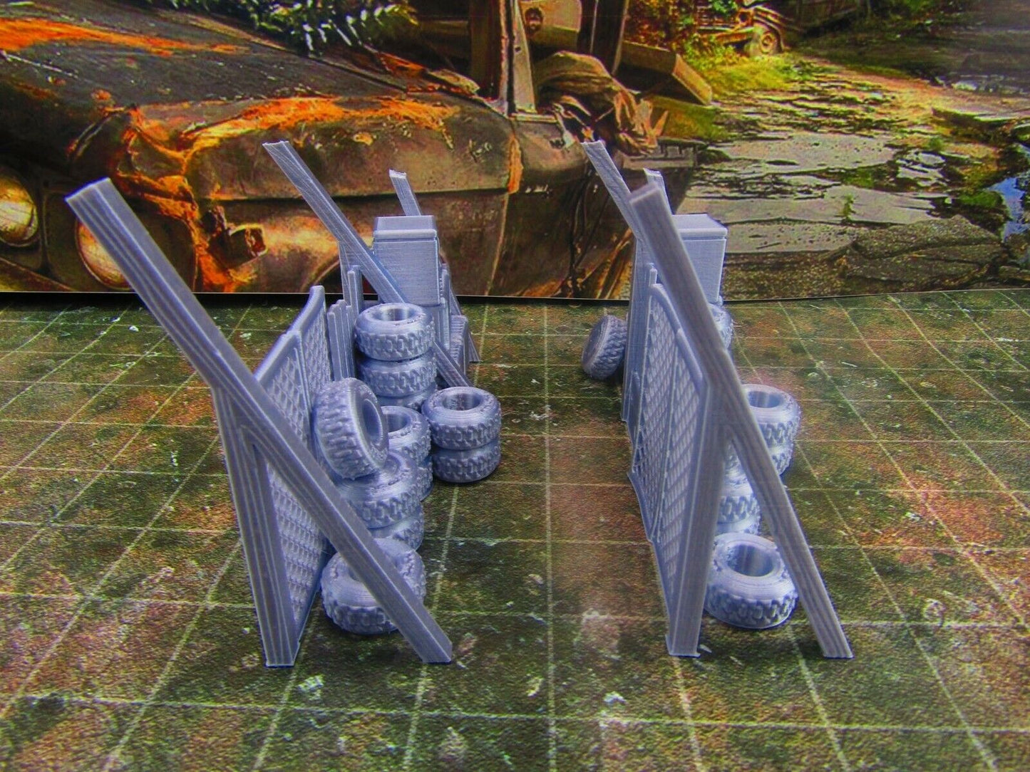 2pc Junk Wall Settlement Barricade w/ Tires E Scatter Terrain Scenery Wasteland