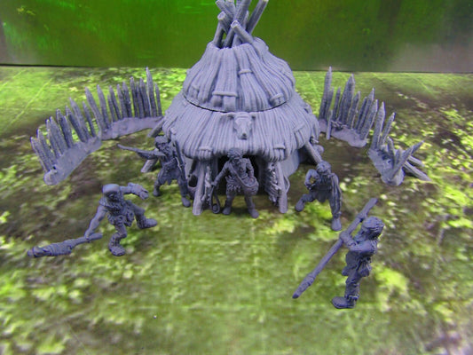 Prehistoric Grass Hut & Fence Sections W/ 5pc Caveman Male Hunters Set Terrain