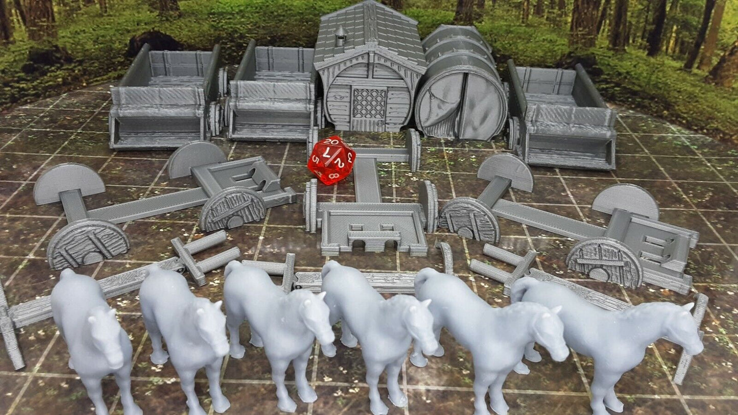 3 Wagon Caravan W/ Horses 28/32mm Scale Tabletop Scatter Terrain Tile Scenery