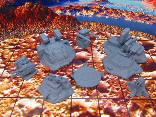 7 Piece Ground Surface Defense Installations Set Starfinder Fleet Scale Starship