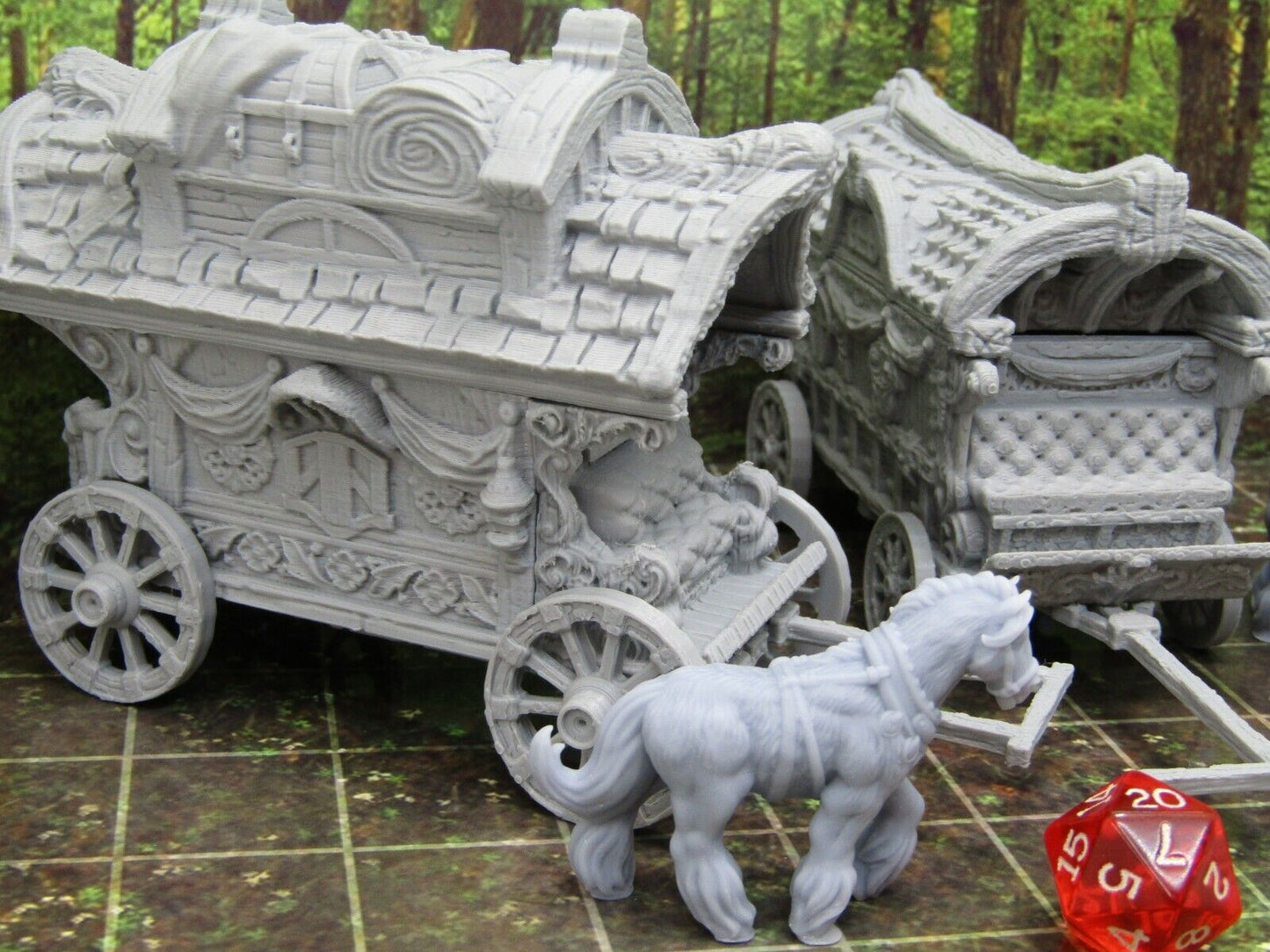 3 World Traveler Wagons Caravan and Horses Miniature Mini 3D Printed Model