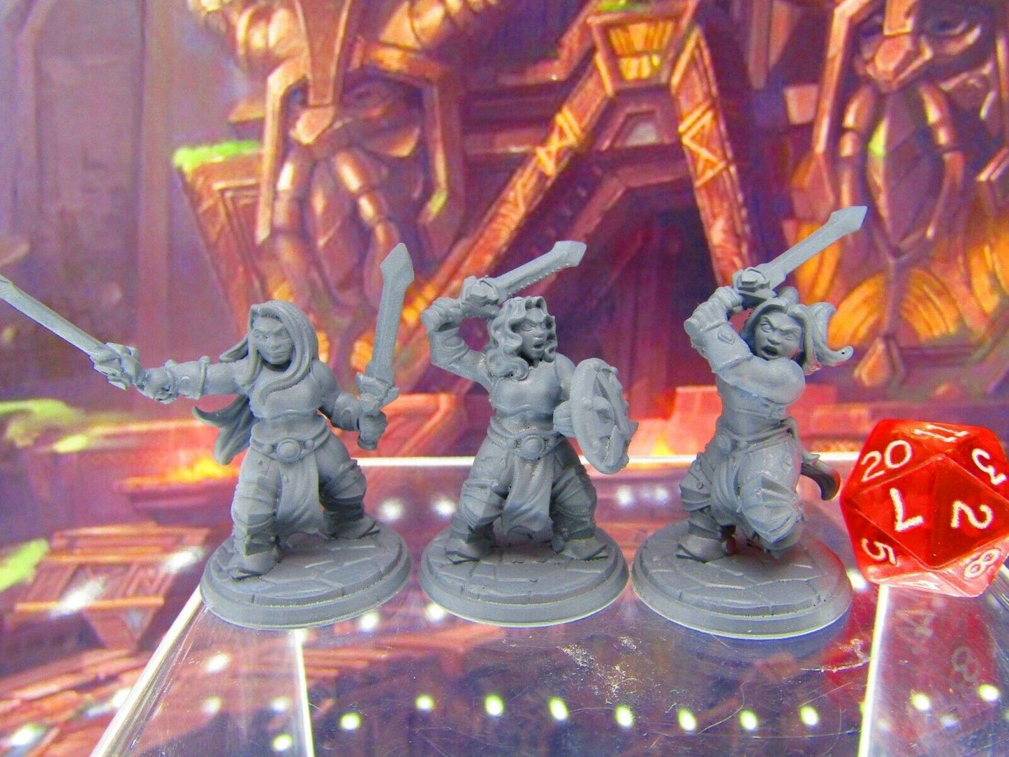 3pc Dwarf Female Fighters Soldiers Mini Miniature Figure 3D Printed Model DnD
