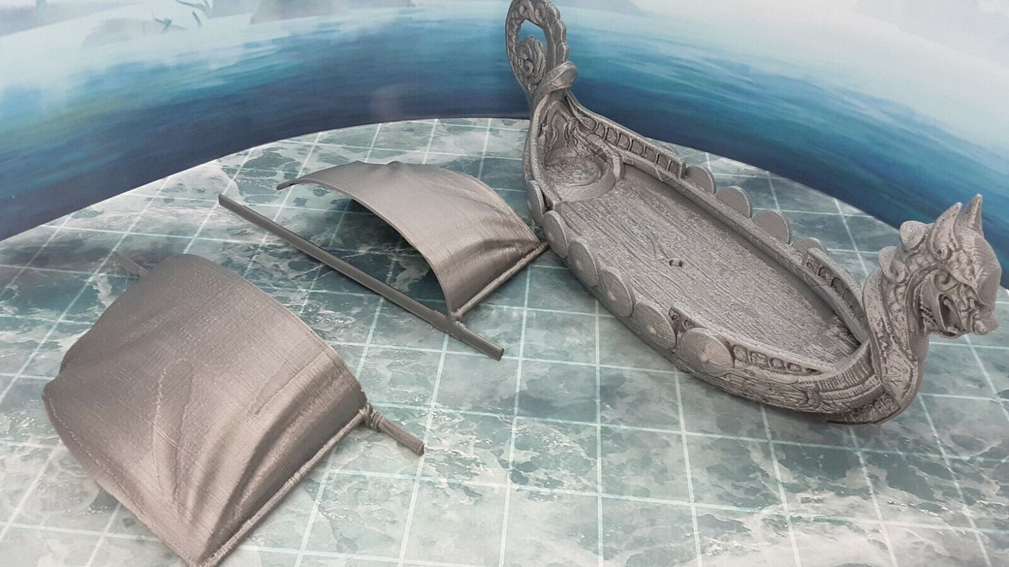 5 Viking Minis Figures and Viking Barbarian Long Ship Sail Boat Scatter Terrain