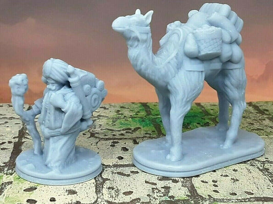 Travelling Merchant Trader and Pack Camel Pair Mini Miniatures Figure 3D Resin