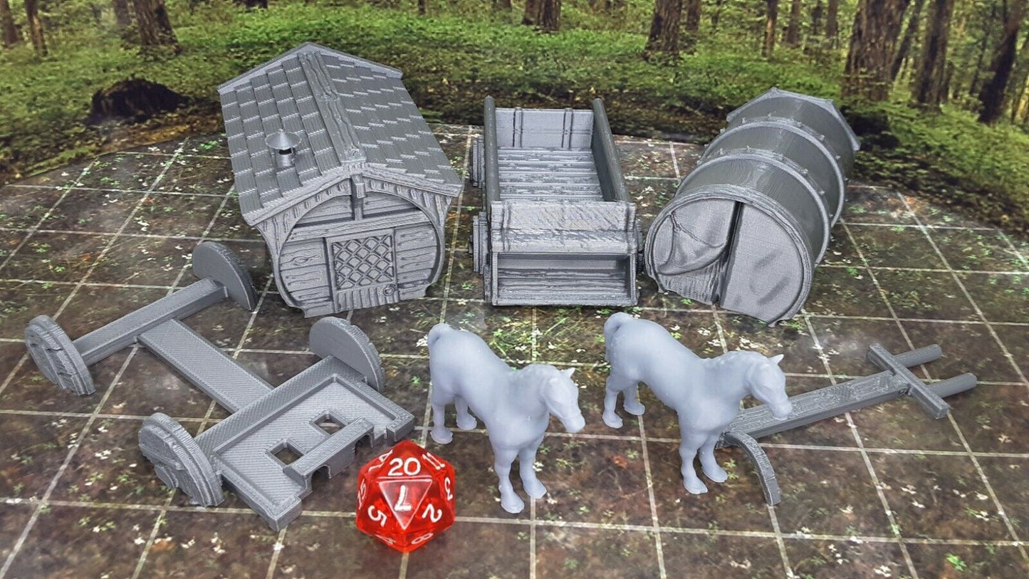 Modular Wagon Set W/ Horses 28/32mm Scale Scatter Terrain Tabletop Scenery Model