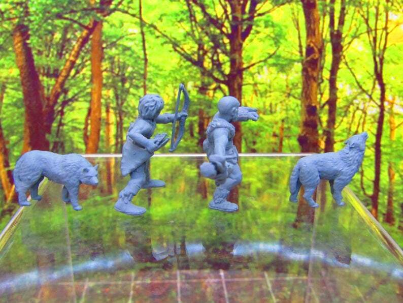 4p Prehistoric Villager Tribe Hunters & Dogs Set Mini Miniature 3D Printed