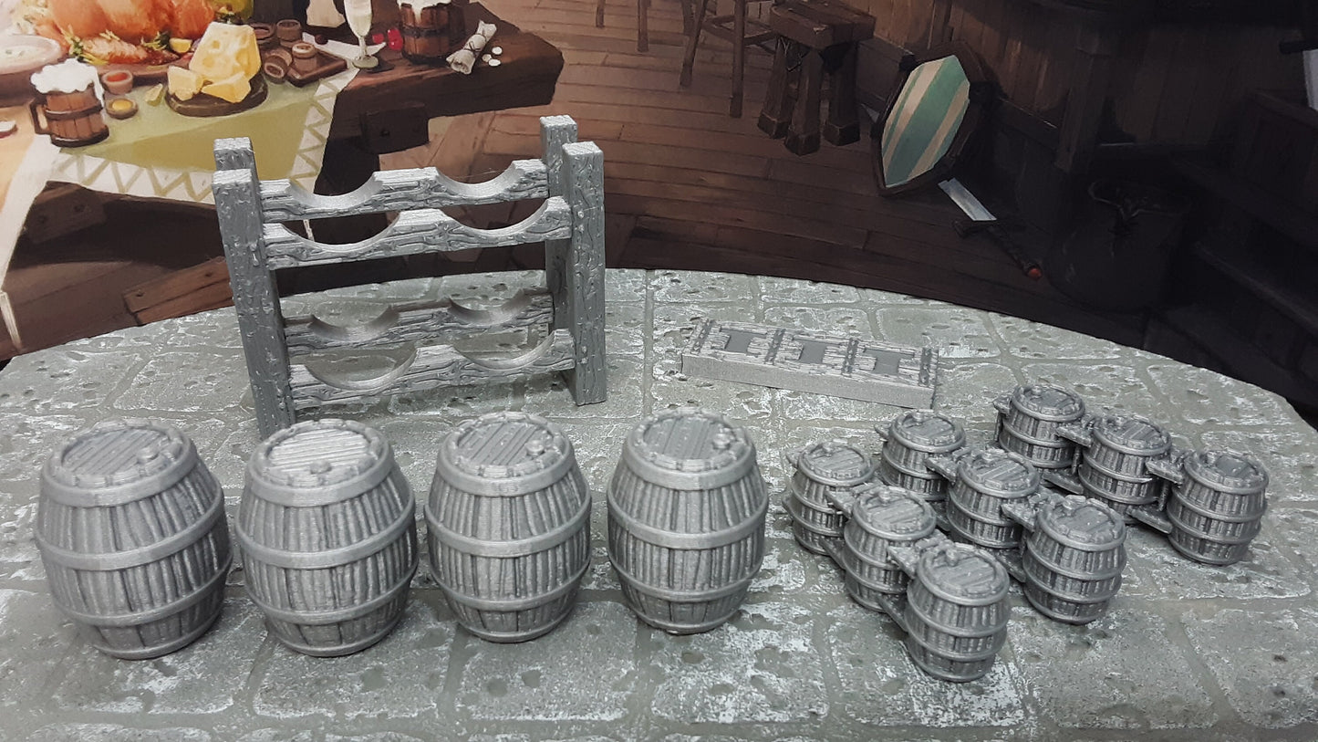 9 Piece Barrels and Casks Shelves 28mm Scale Fantasy Scatter Terrain 3D Printed Model RPG Tabletop Fantasy Games Dungeons & Dragons