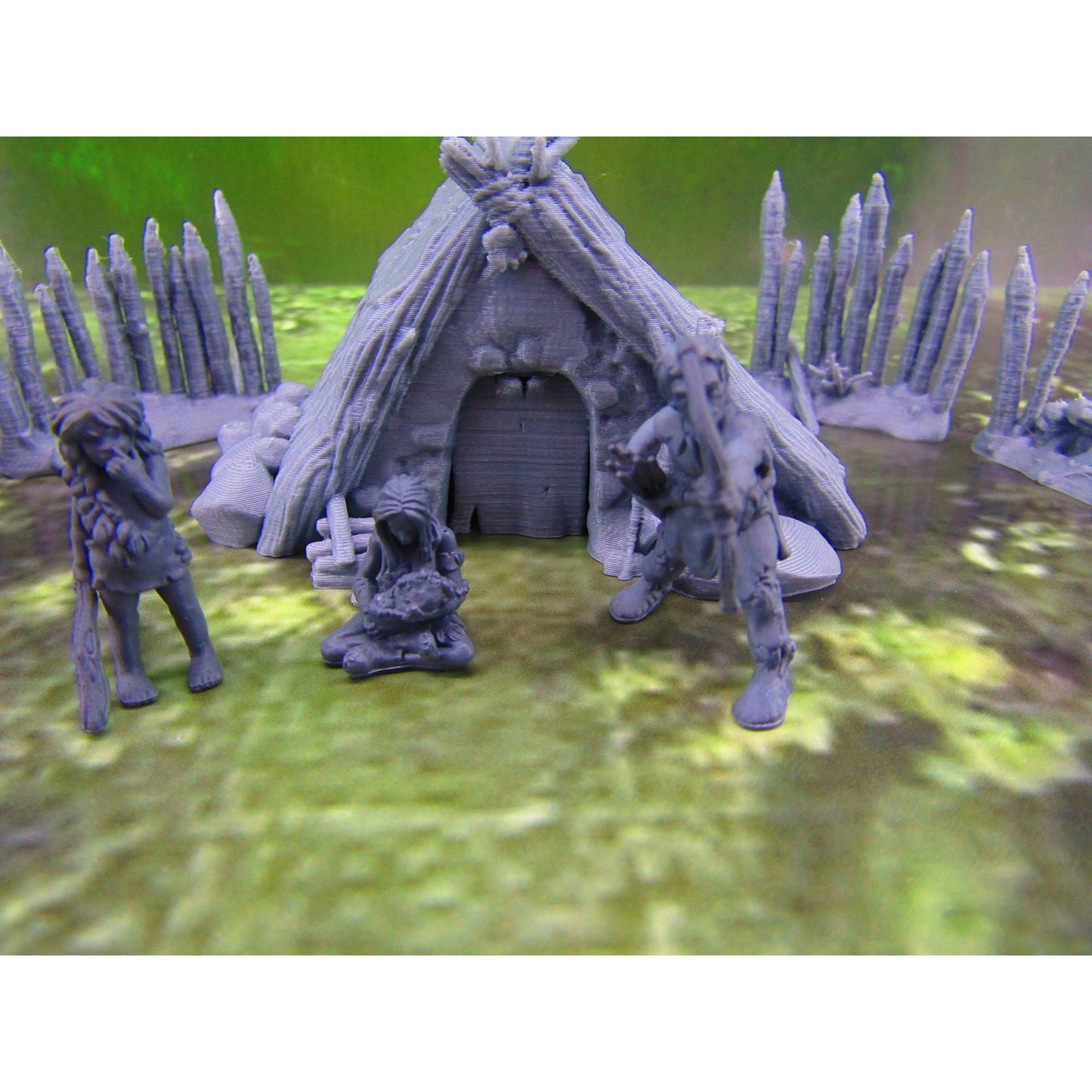 Prehistoric Hut & Fence Sections W/ 3pc Caveman Family Set Scatter Terrain Scenery Mini Miniature Model 28mm/32mm Scale RPG Tabletop Gaming