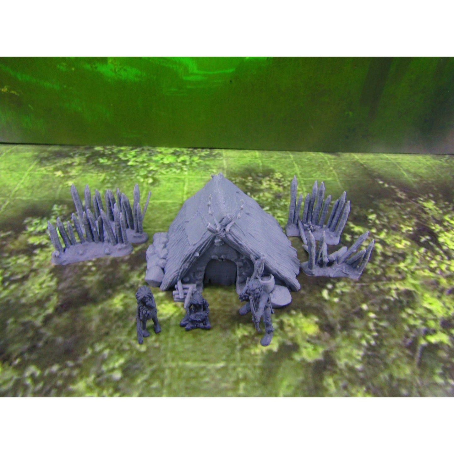 Prehistoric Hut & Fence Sections W/ 3pc Caveman Family Set Scatter Terrain Scenery Mini Miniature Model 28mm/32mm Scale RPG Tabletop Gaming