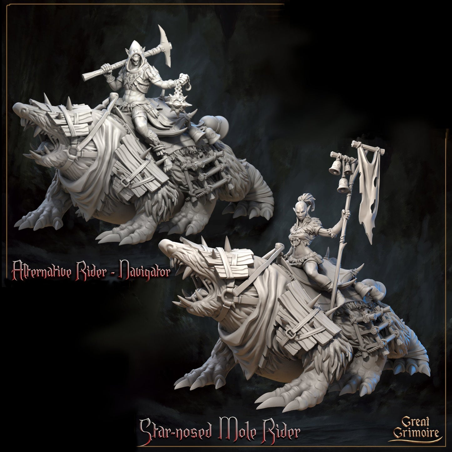 Mole Rider Pair W/ Mole Mini Miniature Model Character Figure 28mm/32mm Scale RPG Tabletop Gaming Wargaming D&D Fantasy