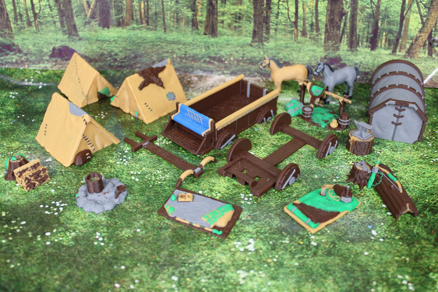 13pc Deluxe Tent Camp Set w/ Horses Wagons Campfire etc. in Color Scatter Terrain Scenery Mini Miniature Tabletop Gaming Wargaming D&D