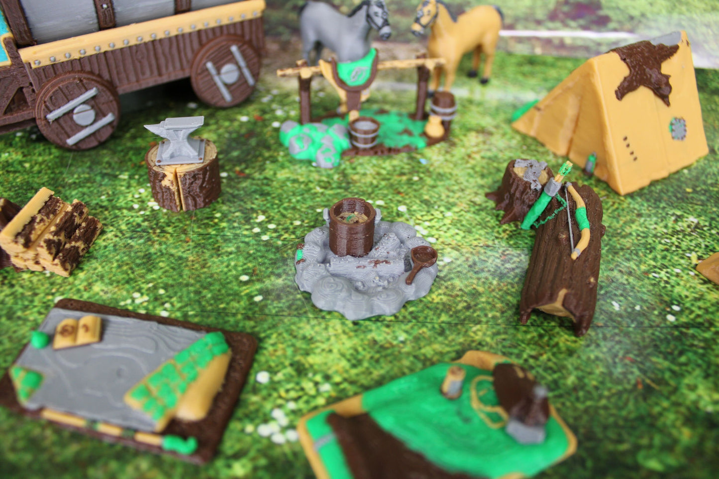 13pc Deluxe Tent Camp Set w/ Horses Wagons Campfire etc. in Color Scatter Terrain Scenery Mini Miniature Tabletop Gaming Wargaming D&D