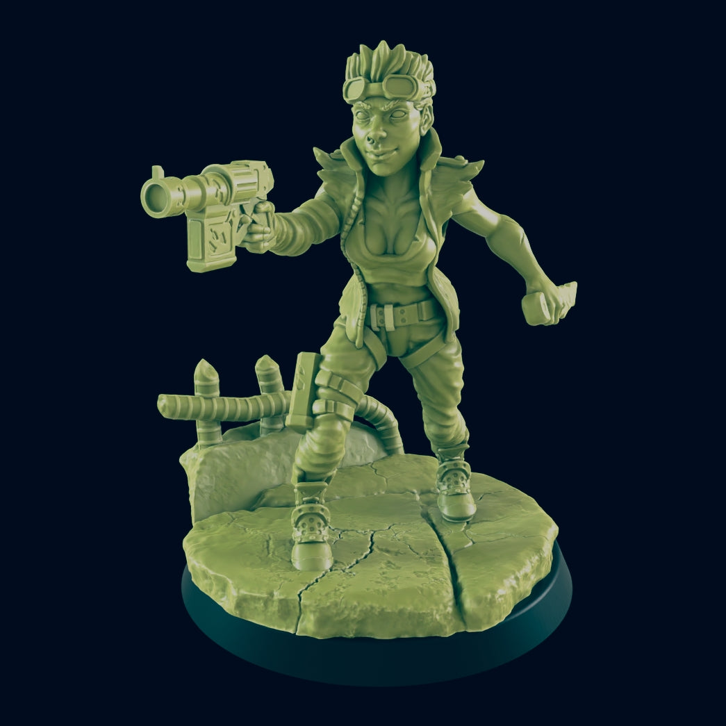 FEMALE CYBERPUNK BULLY | Post Apocalypse Bad Guy Miniature Figure | Wasteland Warfare Cyber Punk Dystopian Future | 32mm Scale Model