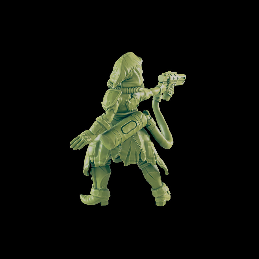Female Flamer | Wastelander Girl with Flamethrower | Post Apocalypse Bad Guy Miniature Figure | Wasteland Warfare Cyber Punk Dystopian Future | 32mm Scale Model