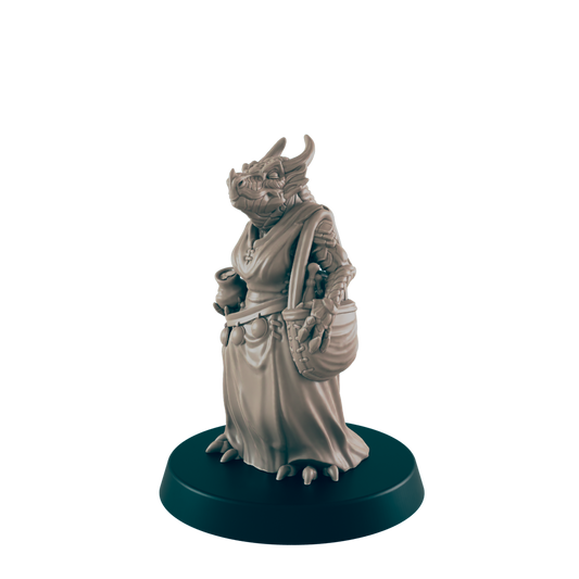 Dragonborn Mini | Market Patron Shopper | Female Townsfolk NPC Figure | DnD Wargaming Mini | RPG Character | 32mm Scale Model | for Dungeons and Dragons, Pathfinder, etc.