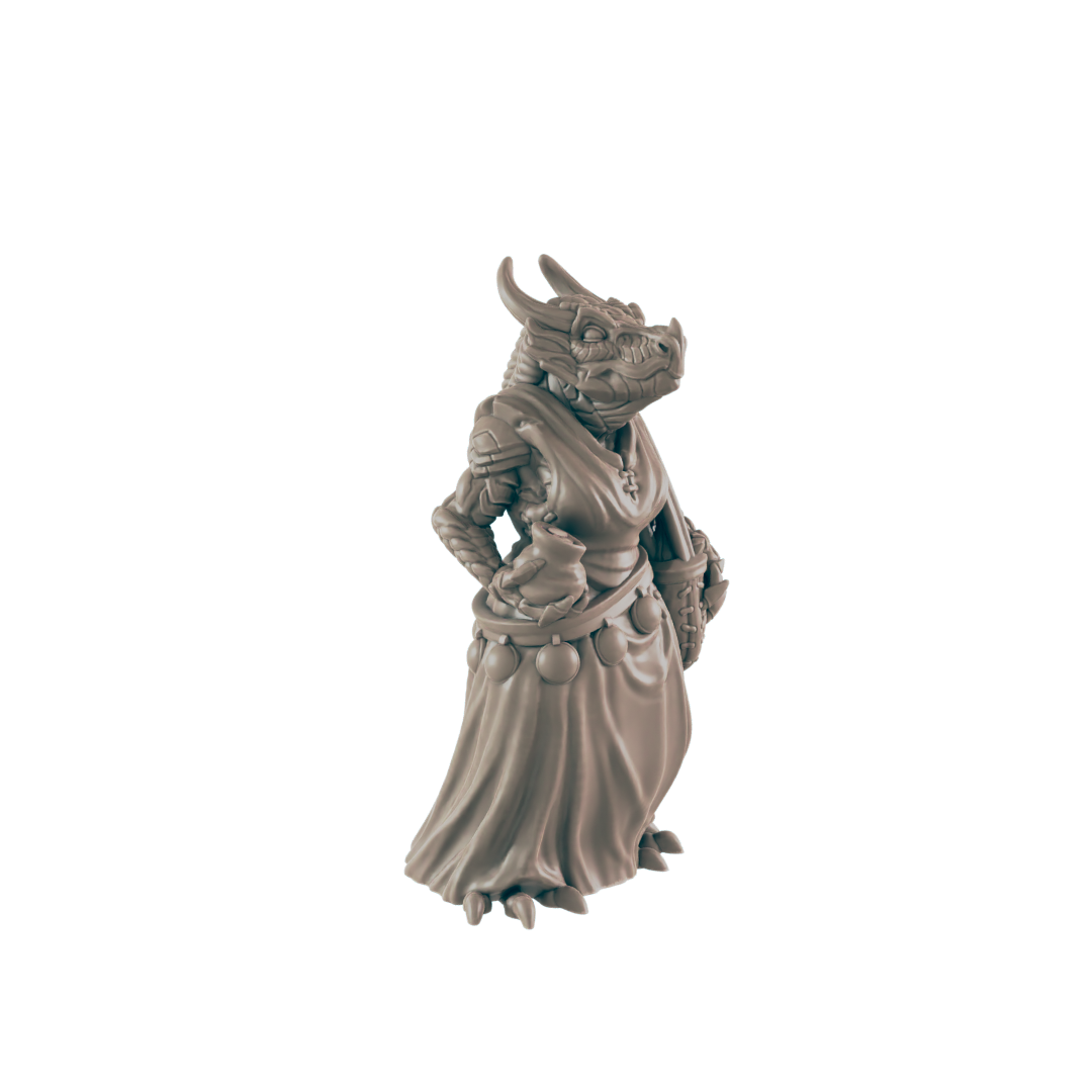 Dragonborn Mini | Market Patron Shopper | Female Townsfolk NPC Figure | DnD Wargaming Mini | RPG Character | 32mm Scale Model | for Dungeons and Dragons, Pathfinder, etc.