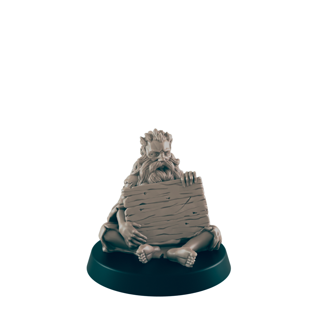 Human Mini | Beggar w/ Sign | Male Townsfolk NPC Figure | DnD Wargaming Mini | RPG Character | 32mm Scale Model | for Dungeons and Dragons, Pathfinder, etc.