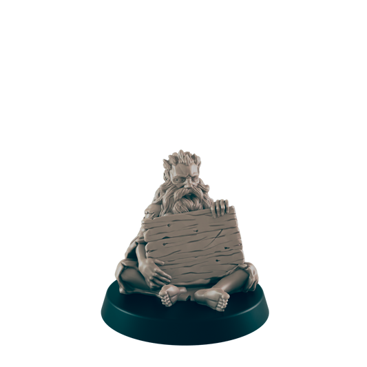 Human Mini | Beggar w/ Sign | Male Townsfolk NPC Figure | DnD Wargaming Mini | RPG Character | 32mm Scale Model | for Dungeons and Dragons, Pathfinder, etc.