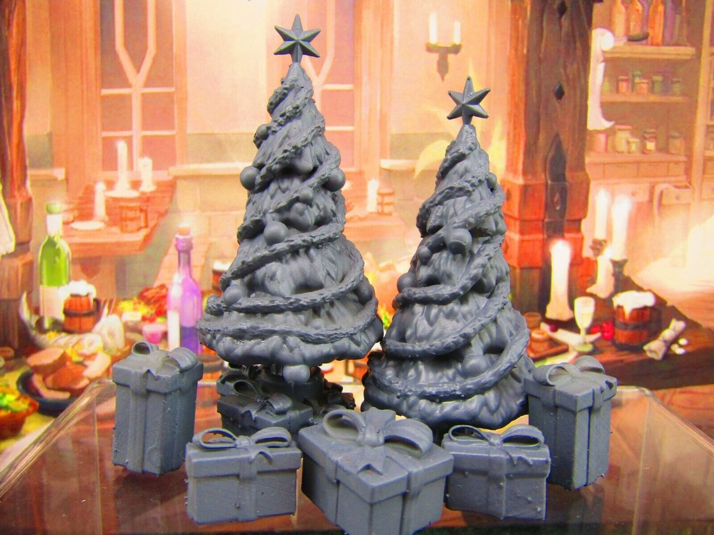7pc Christmas Tree Pair w/ 5 Gifts Set Scatter Terrain Scenery Tabletop Gaming