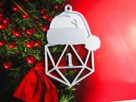 D20 20 Sided Die Dice Critical Fail Roll 1 w/ Hat Christmas Tree Ornament