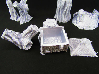 Dark Forest Woods w/ Burrow and House Scatter Terrain Scenery 3D Printed Mini